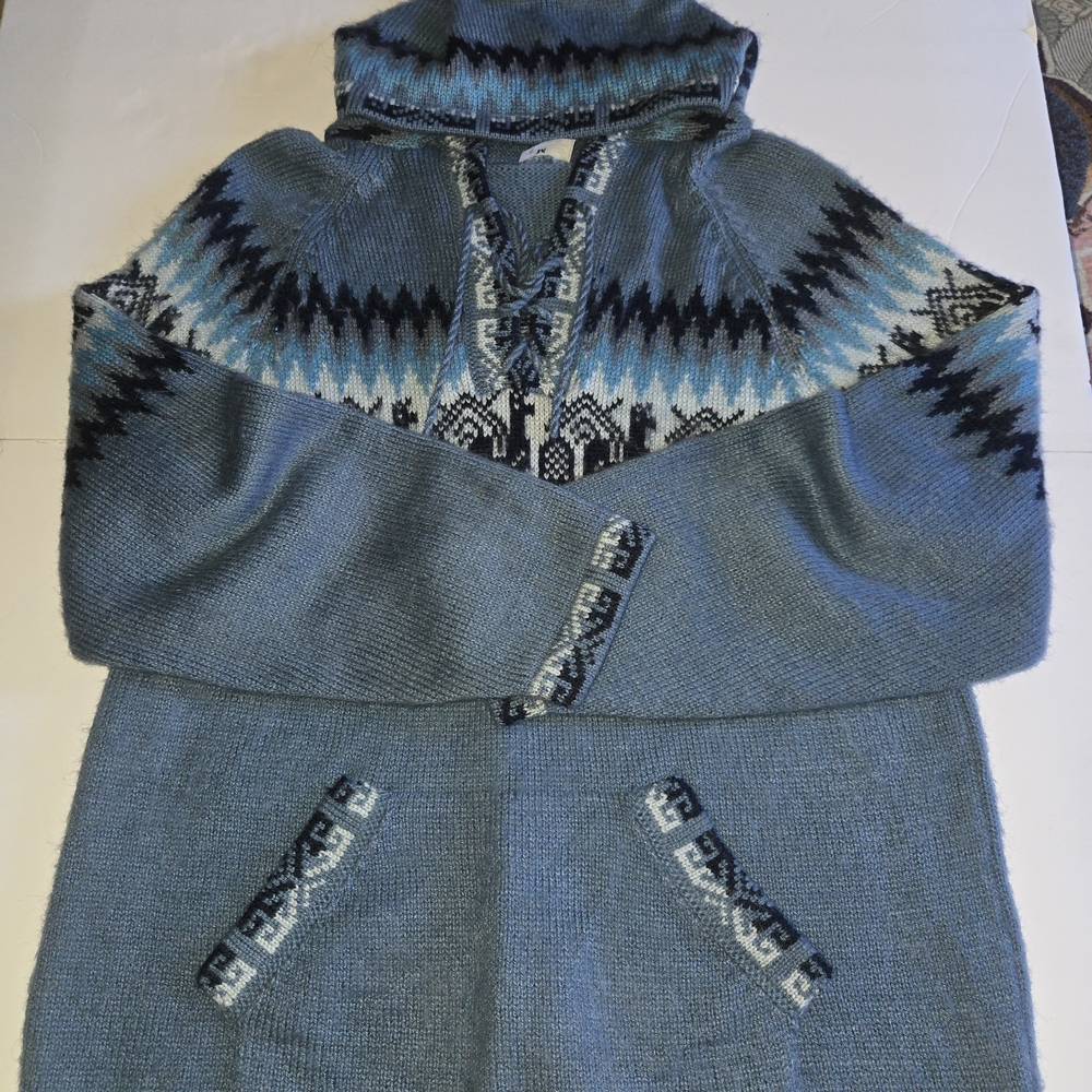 Alpaca Womens Hodded Sweater Lama Blue Patterned Size M